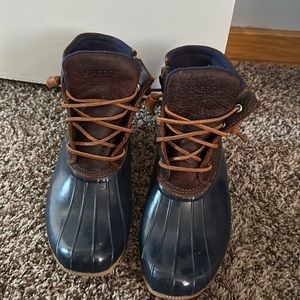 Brown and navy blue speedy boots